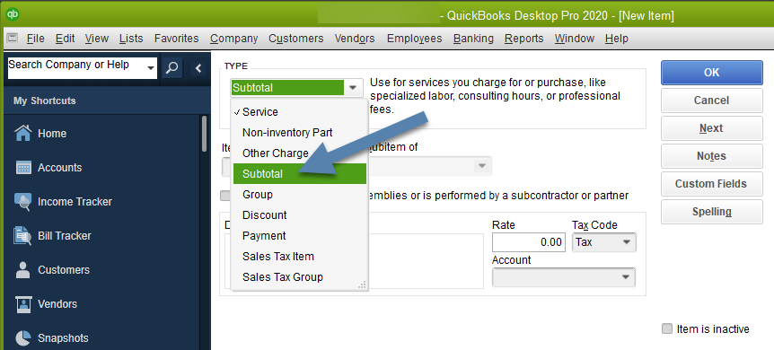 add type of item to quickbooks for mac 2016