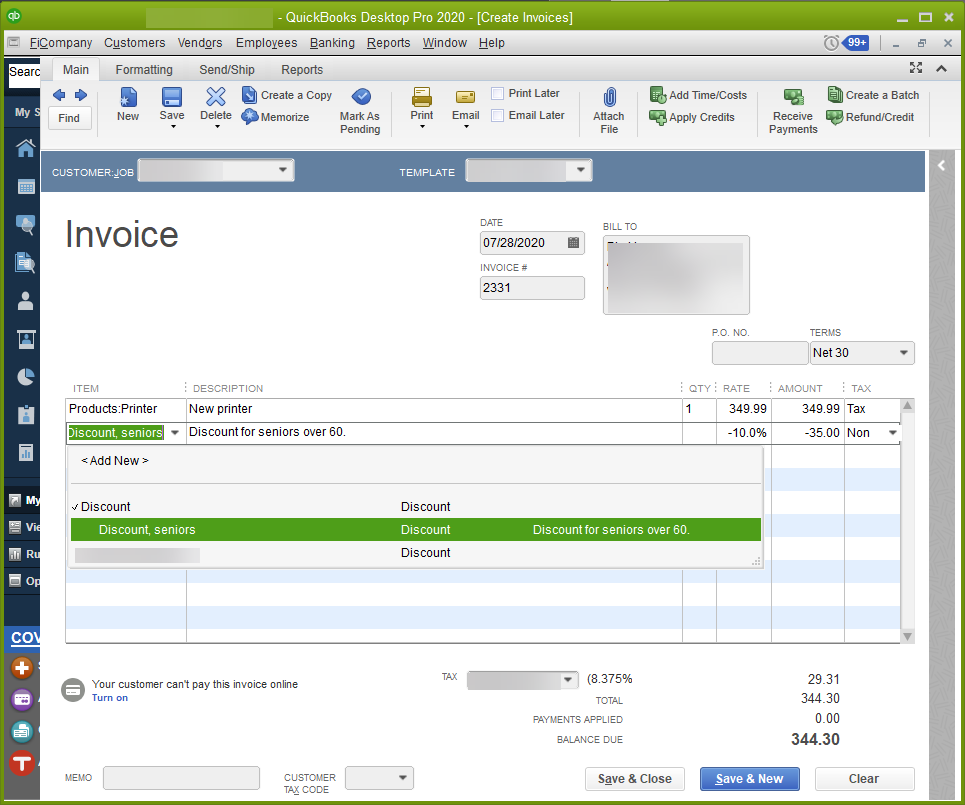 quickbooks pro 2007 credit customer sales tax