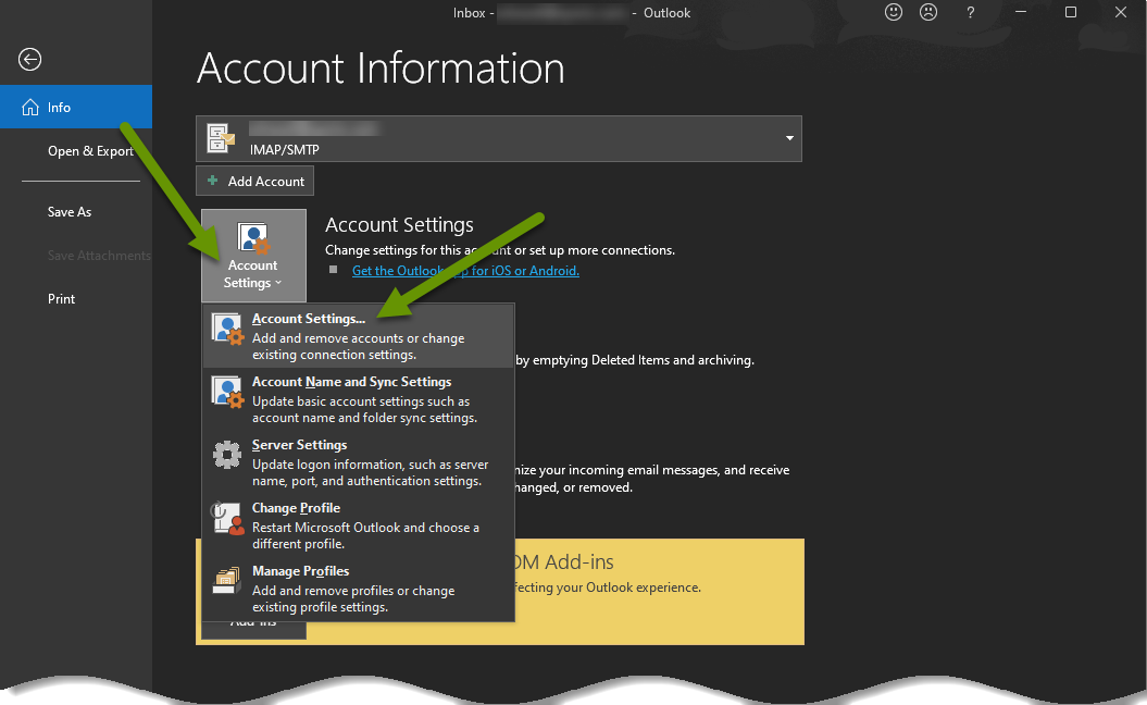 outlook account settings change mailbox gray